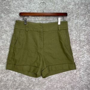 Express Green High Waist Midi Shorts Womens sz 6 Linen Cuffed Flat Front Casual